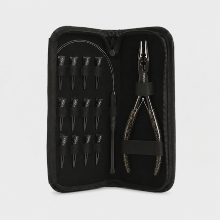 Bead Pro Microlink Mini Kit in its open black case with Bead Pro Plier, loop tool, and twelve sectioning clips