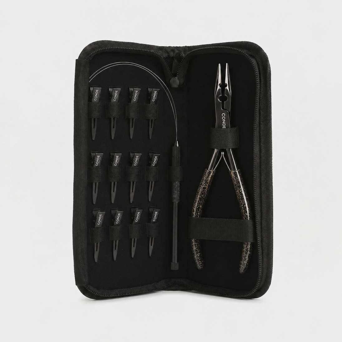 Bead Pro Microlink Mini Kit in its open black case with Bead Pro Plier, loop tool, and twelve sectioning clips