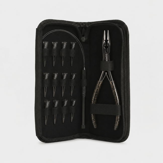 Bead Pro Microlink Mini Kit in its open black case with Bead Pro Plier, loop tool, and twelve sectioning clips